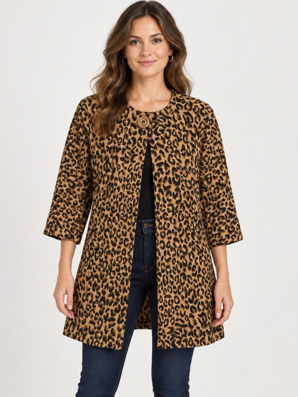 CAbi Leopard Print Open-Front Coat in Tan and Black